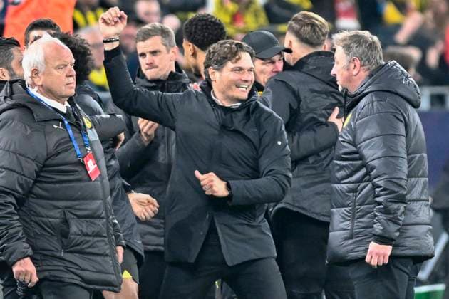 Edin Terzic (Trainer, Borussia Dortmund) Schlussjubel Schlußjubel Emotion Freude 16.04.2024 Fussball, Champions League, Borussia Dortmund vs Atletico Madrid, Signal Iduna Park, Dortmund, NRW Germany
