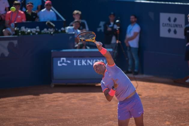 April 16, 2024: RAFAEL NADAL serves during a match against FLAVIO COBOLLI in the Barcelona Open Banc Sabadell 2024. RAFAEL NADAL won the match 6-2 6-3. - ZUMAr159 20240416_aap_r159_001 Copyright: xPatriciaxRodriguesx