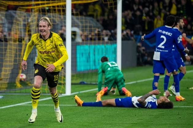 UEFA Champions League, Borussia Dortmund - Atletico Madrid, 16.04.2023 Julian Brandt (Borussia Dortmund, 19) jubelt nach seinem Tor zum 1:0. UEFA Champions League, Borussia Dortmund - Atletico Madrid, Rückspiel Viertelfinale, am 16.04.2023, Signal Iduna Park, Dortmund UEFA regulations prohibit any use of photographs as image sequences and or quasi-video Copyright: xBEAUTIFULxSPORTS Meuselx