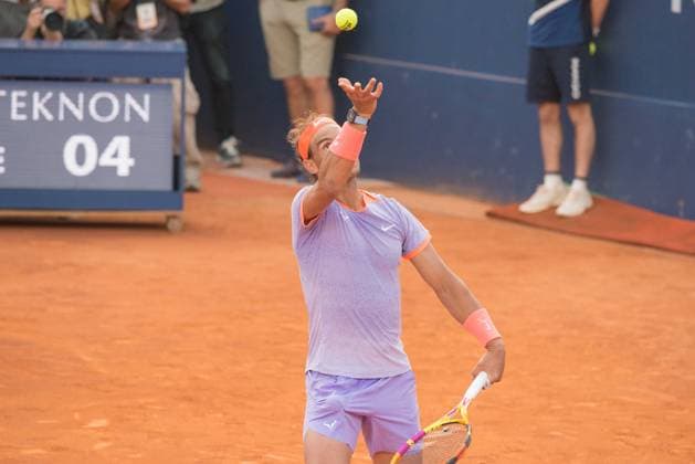 April 16, 2024: RAFAEL NADAL serves during a match against FLAVIO COBOLLI in the Barcelona Open Banc Sabadell 2024. RAFAEL NADAL won the match 6-2 6-3. Barcelona Spain - ZUMAr159 20240416_aap_r159_036 Copyright: xPatriciaxRodriguesx