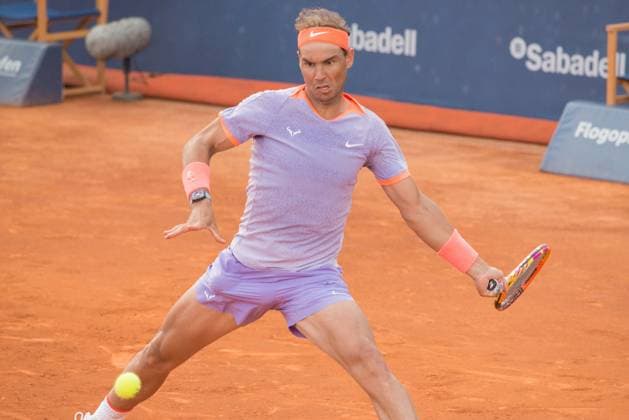 April 16, 2024: RAFAEL NADAL hits the ball during a match against FLAVIO COBOLLI in the Barcelona Open Banc Sabadell 2023. RAFAEL NADAL won the match 6-2 6-3. Barcelona Spain - ZUMAr159 20240416_aap_r159_044 Copyright: xPatriciaxRodriguesx
