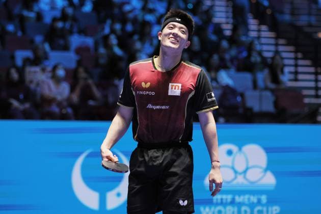Sport Themen der Woche KW16 Sport Bilder des Tages MACAO, CHINA - APRIL 17: Qiu Dang of Germany reacts in the Men s Singles group match against Shunsuke Togami of Japan on day three of ITTF Men s and Women s World Cup Macao 2024 at Galaxy Arena on April 17, 2024 in Macao, China.  Copyright: xVCGx 111491392480