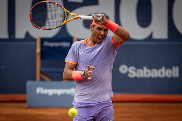 Rafael Nada (Spain) plays forehand shot against Alex De Minaur (Australia) during a second round ATP, Tennis Herren 500 Barcelona Open Banc Sabadell 2024 match at Real Club de Tenis de Barcelona, in Barcelona, Spain on April 17, 2024. (Photo Felipe Mondino) Copyright: x@FELIPExMONDINOx