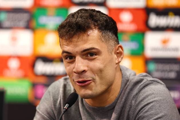 Leverkusen press conference, PK, Pressekonferenz 17 April 2024, London - EUROPA League - Bayer 04 Leverkusen Press Conference - Granit Xhaka of Leverkusen - Photo: Charlotte Wilson Offside. London UK Copyright: xCharlottexWilsonx xOffsidexOffside