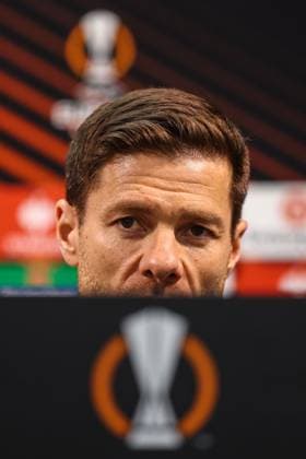 Leverkusen press conference, PK, Pressekonferenz 17 April 2024, London - EUROPA League - Bayer 04 Leverkusen Press Conference - Leverkusen head coach Xabi Alonso - Photo: Charlotte Wilson Offside. London UK Copyright: xCharlottexWilsonx xOffsidexOffside