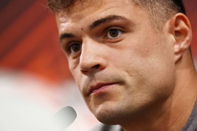Leverkusen press conference, PK, Pressekonferenz 17 April 2024, London - EUROPA League - Bayer 04 Leverkusen Press Conference - Granit Xhaka of Leverkusen - Photo: Charlotte Wilson Offside. London UK Copyright: xCharlottexWilsonx xOffsidexOffside