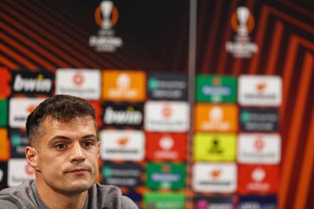 Leverkusen press conference, PK, Pressekonferenz 17 April 2024, London - EUROPA League - Bayer 04 Leverkusen Press Conference - Granit Xhaka of Leverkusen - Photo: Charlotte Wilson Offside. London UK Copyright: xCharlottexWilsonx xOffsidexOffside