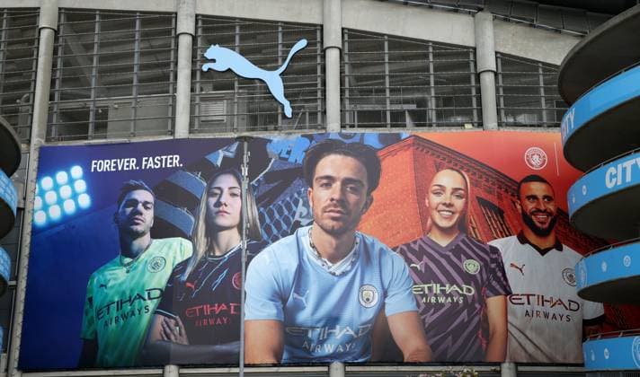 17th April 2024; Etihad Stadium, Manchester, England; Champions League Football, Quarter Final, Manchester City versus Real Madrid; giant images of Manchester City players outside the stadium  ActionPlus12631327 DavidxBlunsden