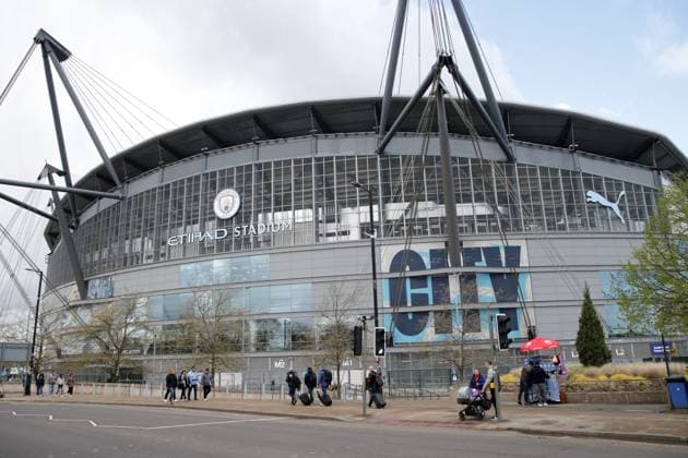 17th April 2024; Etihad Stadium, Manchester, England; Champions League Football, Quarter Final, Manchester City versus Real Madrid; a general view of the South stand from outs the stadium  ActionPlus12631330 DavidxBlunsden