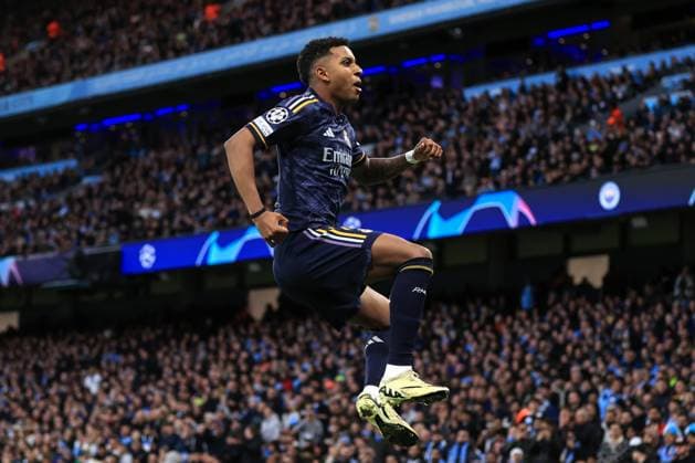 Football - UEFA Champions League - Quarter Final (2nd Leg) - Manchester City v Real Madrid 17th April 2024 - UEFA Champions League - Quarter Final (2nd Leg) - Manchester City v Real Madrid - Rodrygo of Real Madrid celebrates scoring their 1st goal - Photo: Simon Stacpoole Offside. Manchester UK Copyright: xSimonxStacpoolexOffside