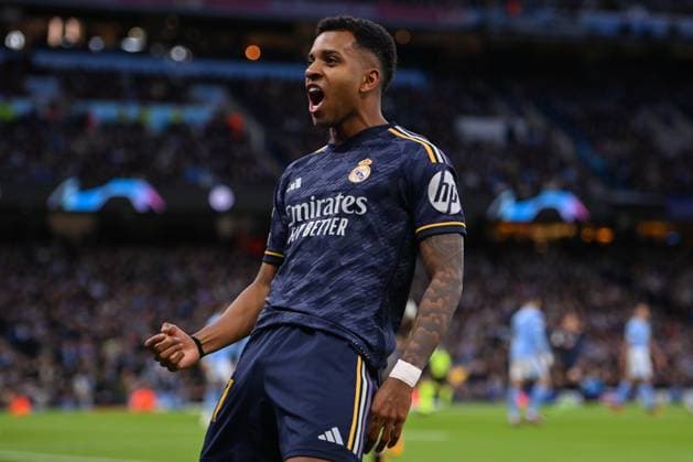 Rodrygo of Real Madrid celebrates his sides first goal during the UEFA Champions League semi final return leg football match between Manchester City and Real Madrid at the Etihad Stadium in Manchester England (Will Palmer SPP) Copyright: xWillxPalmer SPPx spp-en-WiPa-WP6_8902