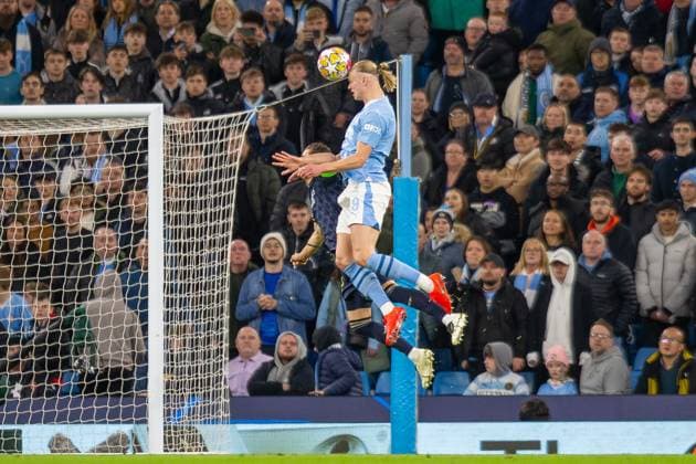 Manchester City v Real Madrid Champions League 17 04 2024. Quarter Final Manchester City forward Erling Haaland (9) heads at goal during the Champions League quarter-final second leg match between Manchester City and Real Madrid at the Etihad Stadium, Manchester, England on 17 April 2024. Editorial use only , Copyright: xIanxStephenx PSI-19482-0018