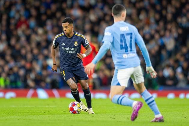 Manchester City v Real Madrid Champions League 17 04 2024. Quarter Final Real Madrid forward Rodrygo (11) during the Champions League quarter-final second leg match between Manchester City and Real Madrid at the Etihad Stadium, Manchester, England on 17 April 2024. Editorial use only , Copyright: xIanxStephenx PSI-19482-0026