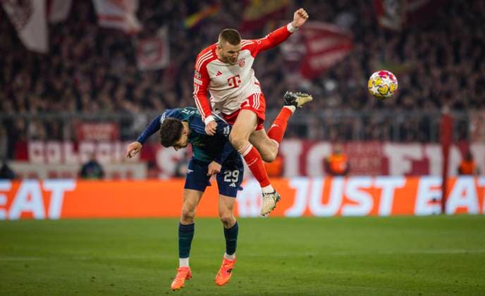 Munich Germany. 17th Apr 2024. Kai Havertz (Arsenal) Eric Dier (Muenchen) Bayern Munich - Arsenal London 17.04.2024 Bayern München - Arsenal London