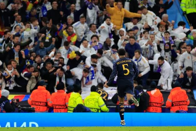 Manchester City v Real Madrid Champions League 17 04 2024. Quarter Final Jude Bellingham (5) of Real Madrid runs to the fans as he celebrates the penalty shoot out victory at the end of the Champions League Quarter-final second leg match between Manchester City and Real Madrid at the Etihad Stadium, Manchester, England on 17 April 2024. Manchester Etihad Stadium Manchester England Editorial use only , Copyright: xConorxMolloyx PSI-19472-0085