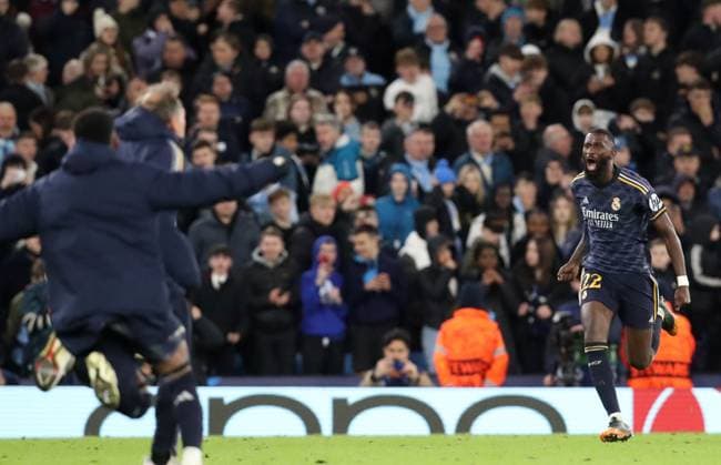Sport Bilder des Tages 17th April 2024; Etihad Stadium, Manchester, England; Champions League Football, Quarter Final, Manchester City versus Real Madrid; Antonio Rudiger of Real Madrid celebrates after beating Manchester City goalkeeper Ederson with the decisive spot kick to put Real Madrid through  ActionPlus12631513 DavidxBlunsden