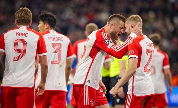 Munich Germany. 17th Apr 2024. Final jubilation: Eric Dier (Muenchen) Konrad Laimer (Muenchen) Bayern Munich - Arsenal London 17.04.2024 Bayern München - Arsenal London