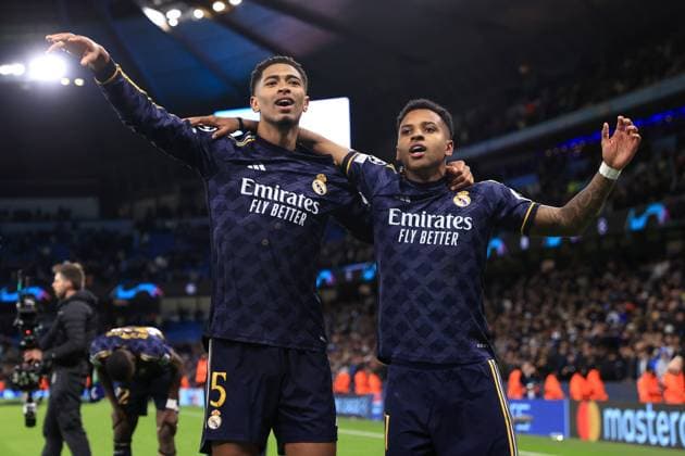 Football - UEFA Champions League - Quarter Final (2nd Leg) - Manchester City v Real Madrid 17th April 2024 - UEFA Champions League - Quarter Final (2nd Leg) - Manchester City v Real Madrid - Jude Bellingham and Rodrygo of Real Madrid celebrate their victory - Photo: Simon Stacpoole Offside. Manchester UK Copyright: xSimonxStacpoolexOffside