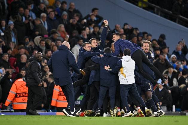 Players from Real Madrid celebrate their sides victory in the penalty shoot out during the UEFA Champions League semi final return leg football match between Manchester City and Real Madrid at the Etihad Stadium in Manchester England (Will Palmer SPP) Copyright: xWillxPalmer SPPx spp-en-WiPa-WP9_1043