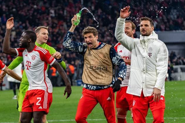 Thomas Mueller (FC Bayern Muenchen, 25) Dayot Upamecano (FC Bayern Muenchen, 2) Harry Kane (FC Bayern Muenchen, 9) Konrad Laimer (FC Bayern Muenchen, 27) Manuel Neuer (FC Bayern Muenchen, 1) Sven Ulreich (FC Bayern Muenchen, 26) Matthijs de Light (FC Bayern Muenchen, 4) FC Bayern Muenchen vs. FC Arsenal, Fussball, UEFA Champions League, Viertelfinale Quarterfinal, 17.04.2024 FC Bayern Muenchen vs. FC Arsenal, Fussball, UEFA Champions League, Viertelfinale Quarterfinal, 17.04.2024 München Copyright: xEibner-Pressefoto BahhoxKarax EP_BKA