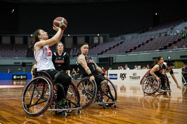 2024 IWBF Women’s Repechage: Spanien - Kanada; 18.04.2024 Naiara Rodriguez (Spanien, 28) im Wurf, Cindy Ouelett (Kanada, 7) 2024 IWBF Women’s Repechage: Spanien - Kanada; Asue Arena, Osaka Copyright: xBEAUTIFULxSPORTS Wunderlx