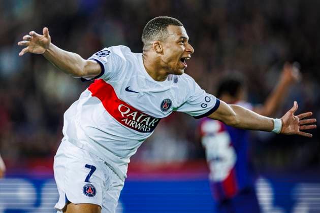 FC Barcelona, Barca v Paris Saint-Germain: Quarter-final Second Leg - UEFA Champions League 2023 24 Kylian Mbappe of Paris Saint Germain is celebrating a goal during the UEFA Champions League match between FC Barcelona and Paris Saint Germain at the Estadi Olimpic Lluis Companys in Barcelona, Spain, on April 16, 2024. Barcelona Spain  Copyright: xDAXxImagesx originalFilename:daximages-uefacham240416_npXKo.jpg