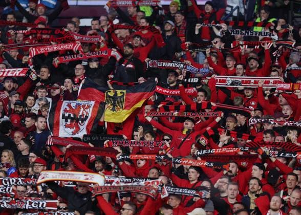 London, England, 18th April 2024. Bayer Leverkusen fans during the UEFA Europa League match at the London Stadium, London. Picture credit should read: David Klein Sportimage EDITORIAL USE ONLY. No use with unauthorised audio, video, data, fixture lists, club league logos or live services. Online in-match use limited to 120 images, no video emulation. No use in betting, games or single club league player publications. SPI-3091-0013