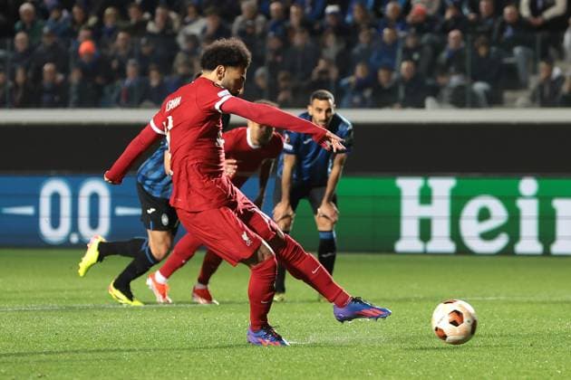 Bergamo, Italy, 18th April 2024. Mohamed Salah of Liverpool FC scores a penalty to give the side an early 1-0 lead during the UEFA Europa League match at Stadio di Bergamo , Bergamo. Picture credit should read: Jonathan Moscrop Sportimage EDITORIAL USE ONLY. No use with unauthorised audio, video, data, fixture lists, club league logos or live services. Online in-match use limited to 120 images, no video emulation. No use in betting, games or single club league player publications. SPI-3084-0003