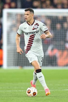 West Ham v Leverkusen 18 April 2024, London - UEFA EUROPA League, Quarter-Final (Second Leg) - West Ham United v Bayer 04 Leverkusen - Granit Xhaka of Bayer Leverkusen - Photo: Charlotte Wilson Offside. London UK Copyright: xCharlottexWilsonx xOffsidexOffside
