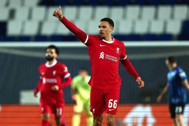 April 18, 2024, Bergamo, Italia: Liverpool s Trent Alexander-Arnold celebrates after goal 0-1. during the UEFA Europa League quarter-finals, 2nd leg soccer match between Atalanta BC and Liverpool FC at Bergamo Stadium in Bergamo, Italy, 18 April 2024..ANSA MICHELE MARAVIGLIA Soccer: UEL; Atalanta-Liverpool  - ZUMAa110 20240418_zaf_a110_039 Copyright: xMichelexMaravigliax