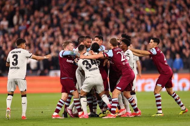 18th April 2024; London Stadium, London, England; Europa League Football, Quarter Final, Second Leg, West Ham United versus Bayer Leverkusen; Michail Antonio of West Ham United clashes with Jonathan Tah of Bayer Leverkusen  ActionPlus12631759 ShaunxBrooks
