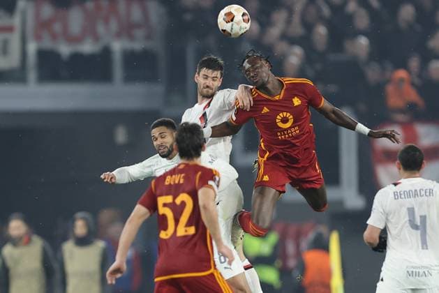 UEFA Europa League AS Roma and AC Milan Roma™s English forward Tammy Abraham challenges for the ball with Milan™s Italian defender Matteo Gabbia during the Quarter-Final second leg match between AS Roma and AC Milan at Stadio Olimpico on April 18, 2024 in Rome, Italy. ABPH2230 Copyright: xAntonioxBalascox