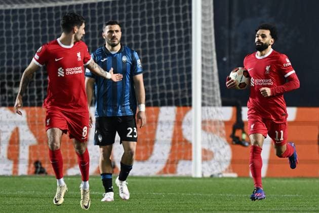 Db Bergamo 18 04 2024 - Europa League Atalanta-Liverpool foto Daniele Buffa Image nella foto: esultanza gol Mohamed Salah 