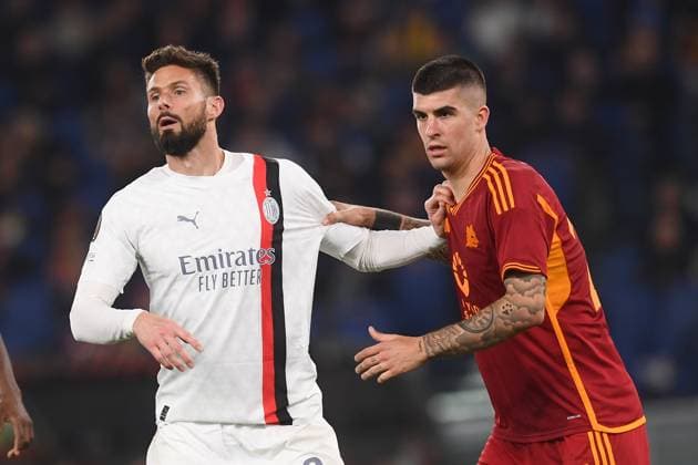 Olivier Giroud of AC Milan and Gianluca Mancini of AS Roma during the Europa League football match between AS Roma and AC Milan at Olimpico stadium in Rome (Italy), April 18th, 2024. AntoniettaxBaldassarre