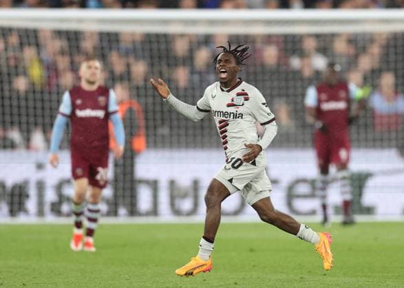 London, England, 18th April 2024. Jeremie Frimpong of Bayer Leverkusen celebrates scoring their goal during the UEFA Europa League match at the London Stadium, London. Picture credit should read: David Klein Sportimage EDITORIAL USE ONLY. No use with unauthorised audio, video, data, fixture lists, club league logos or live services. Online in-match use limited to 120 images, no video emulation. No use in betting, games or single club league player publications. SPI-3091-0054