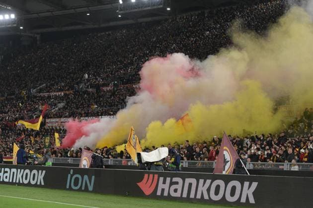 18th April 2024, Stadio Olimpico, Rome, Italy; Europa League, Quarter Final, Second Leg Football; Roma versus AC Milan; Roma& x2019;s supporters light flares  ActionPlus12631917 AllShotLive