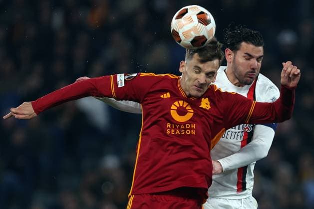 Football Europa League match - AS Roma vs AC Milan Rome, Italy 18.04.2024: Diego Llorente of Roma, Ismael Bennacer of Milan during the UEFA Europa League 2023-2024, quarter final , football match between AS Roma vs AC Milan at Olympic Stadium in Rome. Rome Italy  Copyright: xIPAxSport ABACAx