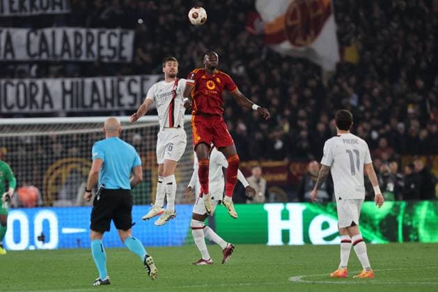 Football Europa League match - AS Roma vs AC Milan Rome, Italy 18.04.2024: Gabbia of Milan , Tammy Abraham of Roma during the UEFA Europa League 2023-2024, quarter final , football match between AS Roma vs AC Milan at Olympic Stadium in Rome. Rome Italy  Copyright: xIPAxSport ABACAx