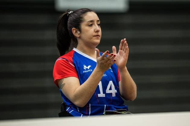 Rollstuhlbasketball, Frauen, IWBF Paralympics Quali, Kanada - Frankreich 2024 IWBF Women’s Repechage: Kanada - Frankreich; 19.04.2024 Julie Marchand (Frankreich, 14) applaudiert 2024 IWBF Women’s Repechage: Kanada - Frankreich; Asue Arena, Osaka Copyright: xBEAUTIFULxSPORTS Wunderlx