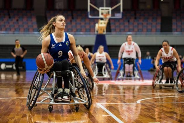 Rollstuhlbasketball, Frauen, IWBF Paralympics Quali, Kanada - Frankreich 2024 IWBF Women’s Repechage: Kanada - Frankreich; 19.04.2024 Lisa Clary-Galibert (Frankreich, 9) am Ball 2024 IWBF Women’s Repechage: Kanada - Frankreich; Asue Arena, Osaka Copyright: xBEAUTIFULxSPORTS Wunderlx