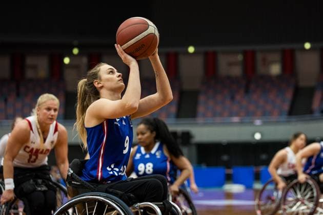 Rollstuhlbasketball, Frauen, IWBF Paralympics Quali, Kanada - Frankreich 2024 IWBF Women’s Repechage: Kanada - Frankreich; 19.04.2024 Lisa Clary-Galibert (Frankreich, 9) im Wurf 2024 IWBF Women’s Repechage: Kanada - Frankreich; Asue Arena, Osaka Copyright: xBEAUTIFULxSPORTS Wunderlx