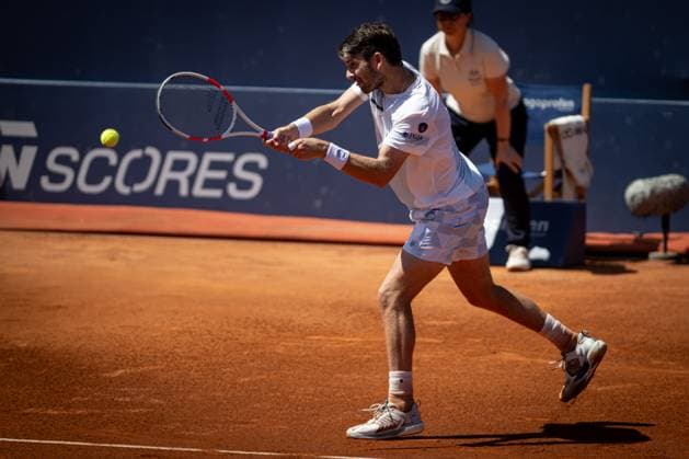 Cameron Norrie (UK) plays a backhand against Tomas Etcheverry (Argentina) during a quarterfinal ATP, Tennis Herren 500 Barcelona Open Banc Sabadell 2024 match at Real Club de Tenis de Barcelona, in Barcelona, Spain on April 19, 2024. Photo by Felipe Mondino Copyright: x@FELIPExMONDINOx