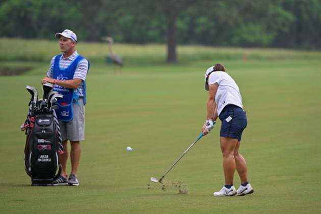 THE WOODLANDS, TX - APRIL 19: Nasa Hataoka (JPN) hits her approach shot on 9 during Rd2 of the Chevron Championship at The Club at Carlton Woods on April 19, 2024 in The Woodlands, Texas. (Photo by Ken Murray Icon Sportswire) GOLF: APR 19 LPGA, Golf Damen The Chevron Championship EDITORIAL USE ONLY Icon240419056