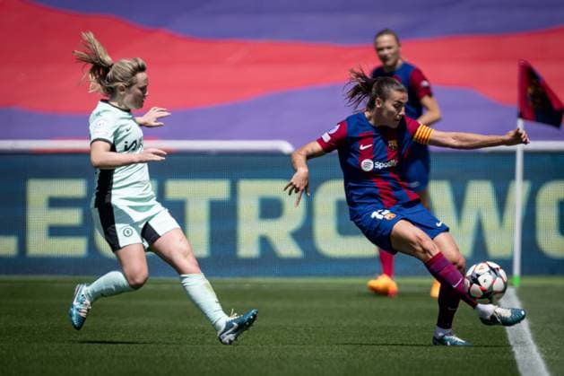 during a Women s UEFA Champions League first-leg semifinal match between FC Barcelona, Barca and Chelsea Women at Estadi Olimpic Lluis Companys, in Barcelona, ,Spain on April 20, 2024. Photo by Felipe Mondino Copyright: x@FELIPExMONDINOx