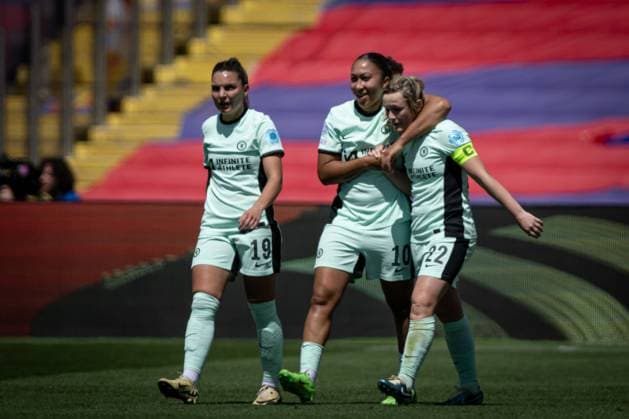 Erin Cuthbert (Chelsea Women) celebrates after scoring her team s goal during a Women s UEFA Champions League first-leg semifinal match between FC Barcelona, Barca and Chelsea Women at Estadi Olimpic Lluis Companys, in Barcelona, ,Spain on April 20, 2024. Photo by Felipe Mondino Copyright: x@FELIPExMONDINOx