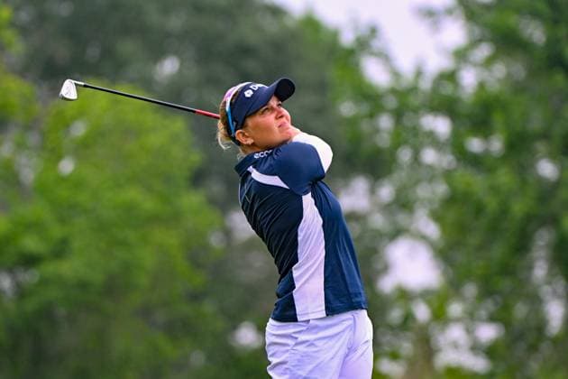 THE WOODLANDS, TX - APRIL 20: Nanna Koerstz Madsen (DEN) watches her tee shot on 3 during third round of the Chevron Championship at The Club at Carlton Woods on April 20, 2024 in The Woodlands, Texas. (Photo by Ken Murray Icon Sportswire) GOLF: APR 20 LPGA, Golf Damen The Chevron Championship EDITORIAL USE ONLY Icon240420024