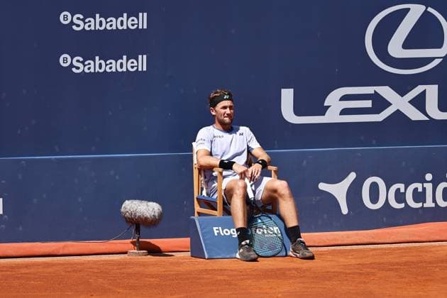 Casper Ruud (NOR), APRIL20, 2024 - Tennis : Casper Ruud sits in the linesman s chair while waiting to help a fallen spectator during singles Semi final match against Tomas Martin Etcheverry on the Barcelona Open Banc Sabadell tennis tournament at the Real Club de Tenis de Barcelona in Barcelona, Spain. Noxthirdxpartyxsales  (250778059)