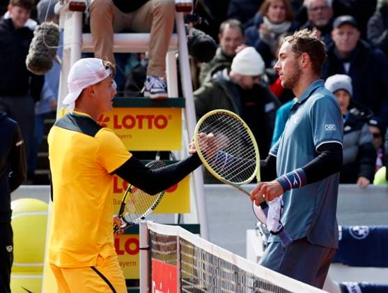(240421) -- MUNICH, April 21, 2024 -- Holger Rune (L) reacts with Jan-Lennard Struff during the men s singles semifinal match between Holger Rune of Denmark and Jan-Lennard Struff of Germany at the BMW Open 2024 tennis tournament in Munich, Germany, on April 20, 2024. (Photo by Xinhua) (SP)GERMANY-MUNICH-TENNIS-BMW OPEN-SEMIFINAL PhilippexRuiz 