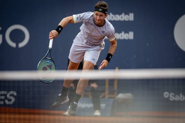 Casper Ruud (Norway) plays forehand shot against Stefanos Tsitsipas (Greece) during the final ATP, Tennis Herren 500 Barcelona Open Banc Sabadell 2024 match at Real Club de Tenis de Barcelona, in Barcelona, Spain on April 21, 2024. Photo by Felipe Mondino Copyright: x@FELIPExMONDINOx