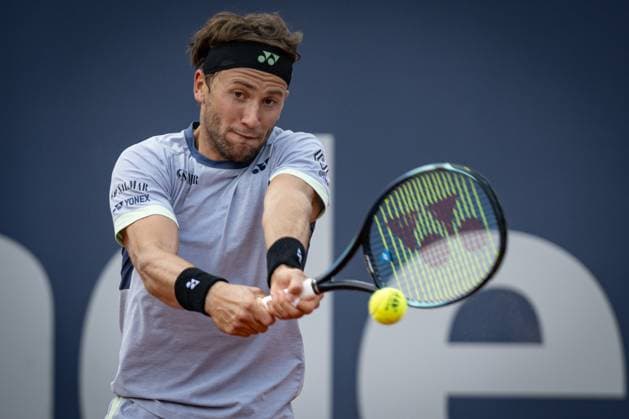 Casper Ruud (Norway) plays a backhand against Stefanos Tsitsipas (Greece) during the final ATP, Tennis Herren 500 Barcelona Open Banc Sabadell 2024 match at Real Club de Tenis de Barcelona, in Barcelona, Spain on April 21, 2024. Photo by Felipe Mondino Copyright: x@FELIPExMONDINOx